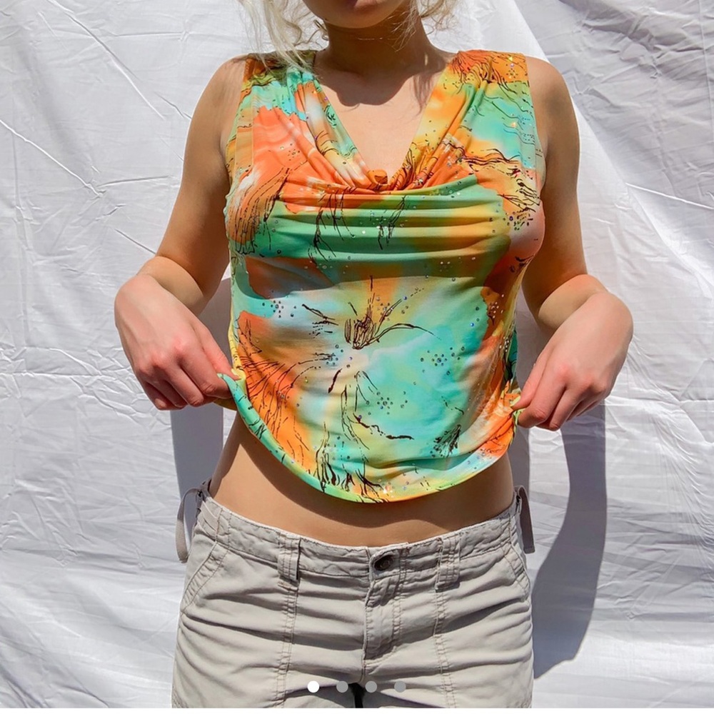 Torques and Orange Watercolor Sequin Floral Cowl Neck Top